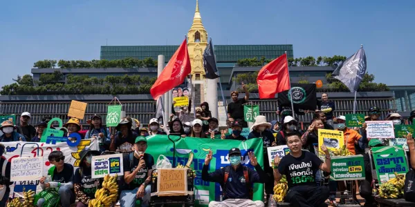 เครือข่ายประชาชน ขนกล้วยแจก สว. หวังคิกออฟแก้ รธน. แต่สภาล่ม