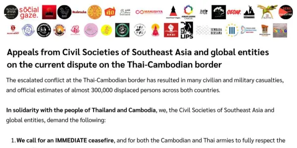 เครือข่ายประชาชนนานาชาติ 45 องค์กร ร่วมออกแถลงการณ์เรียกร้องไทย-กัมพูชายึดมั่นในข้อตกลงหยุดยิง แก้ปัญหาโดยสันติวิธี ปกป้องแรงงาน ให้การรักษาโดยไม่เลือกปฏิบัติทางเชื้อชาติ และสื่อไทย กัมพูชา และนานาชาติ ตระหนักถึงบทบาทและการรายงานข่าวที่ส่งผลกระทบต่อสังคม ตรวจสอบและระวังระวังการนำเสนอข่าวบิดเบือน ข่าวสร้างความเข้าใจผิด รวมถึงข่าวที่สร้างจาก AI