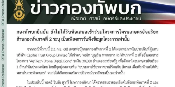 ทบ.ยืนยันยังไม่ได้รับข้อเสนอเข้าร่วมโครงการโดรนเกษตรอัจฉริยะ