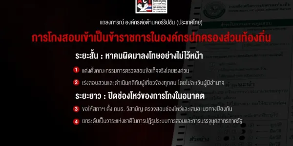 องค์กรต่อต้านคอร์รัปชันฯ จี้รัฐบาลสอบด่วน ปมโกงสอบข้าราชการท้องถิ่น